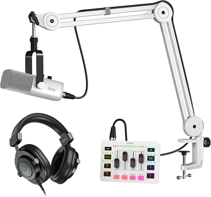 FIFINE Dynamic Gaming Equipment Set for Recording Podcast XLR Mic Gaming Mixer Heavy Duty Boom Arm 3.5mm/6.35mm Studio Headphones with XLR Cable Bundle for Vocal Voice-Over YouTube