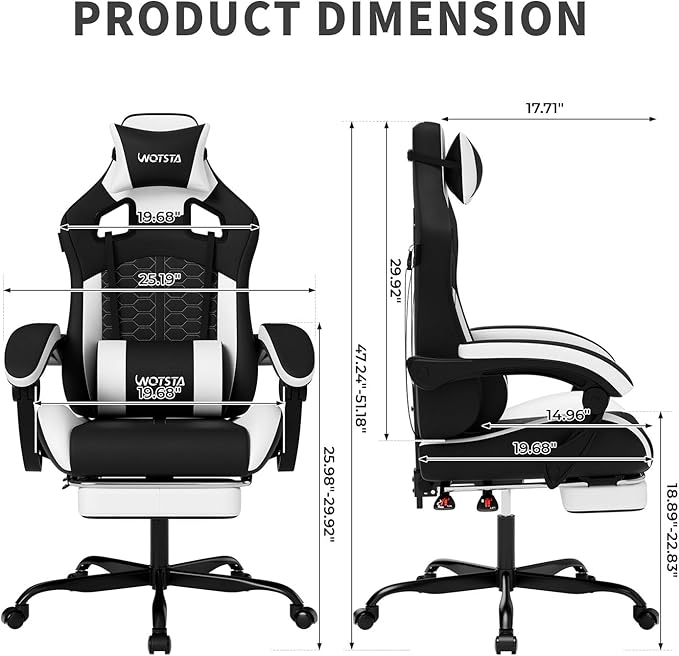 Gaming Chair with MassageErgonomic PC Gaming Chair with Footrest Comfortable Headrest and Lumbar SupportHigh Back PVC Leather300LBS (Black White)