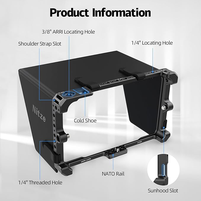 Nitze Cage for PortKeys LH7P / LH7H 7 Monitor with Built-in NATO Rail and PU Leather Sunhood - JT-I03B