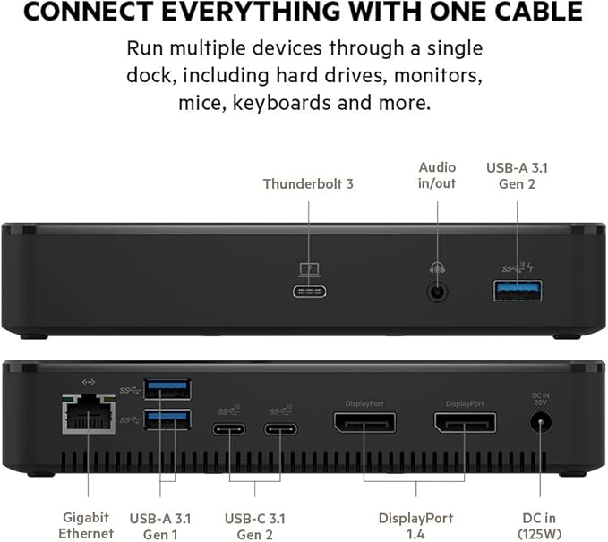 Belkin Thunderbolt 3 Dock Plus Thunderbolt 3 Cable - USB-C Hub - 8-In-1 Docking Station for MacOS &amp Windows Dual 4K @60Hz 40Gbps Transfer Speed 60W Upstream Charging w/ Ethernet &amp Audio Po