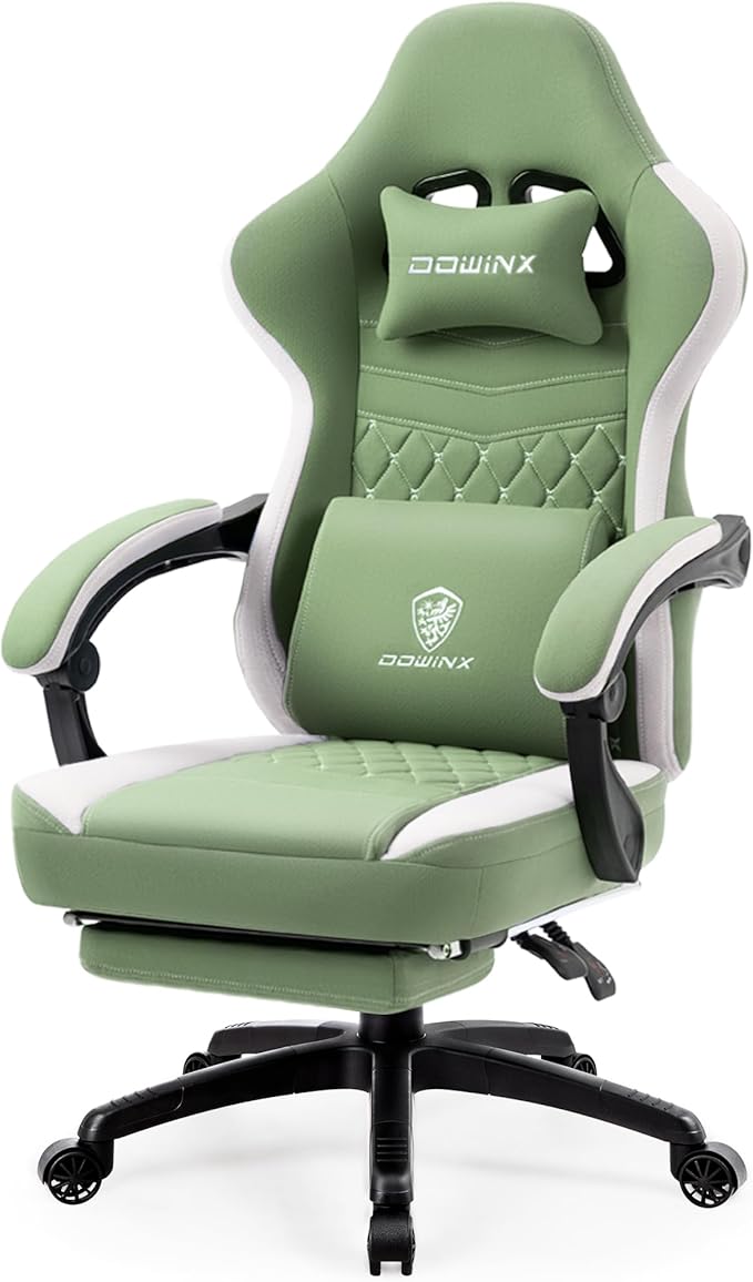 Dowinx Gaming Chair Breathable Fabric Game Chair with Gel Pad and Storage Bag Comfortable Gamer Chair with Pocket Spring Cushion Ergonomic Computer Chair with Footrest Green