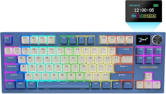 LT84 Wireless Mechanical Keyboard Hot Swappable Gaming Keyboard with TFT Smart Display&ampKnob Tri-Mode Bluetooth 5.0/2.4GHz/Type-C Wired Custom Keyboard Sea Air Switch(White-Blue)