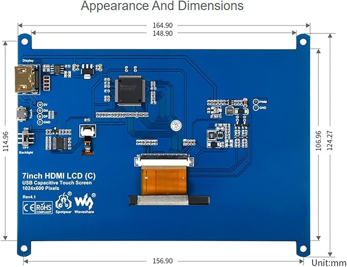 waveshare 7inch HDMI LCD IPS Capacitive Touch Screen 1024×600 Display Monitor Compatible with Raspberry Pi 5/4B/3B+/3B/Pi Zero W/Zero 2W/Pico/Pico W/Pico 2/Pico 2WJetson Nano/Win10/8/7etc.
