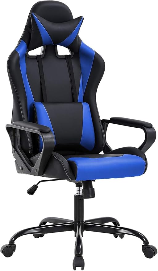 Gaming Chair Office Chair Ergonomic High-Back Racing Desk Chair with Lumbar Support and Headrest – PU Leather Computer Chair for Adults Adjustable Reclining Swivel Chair (Blue)