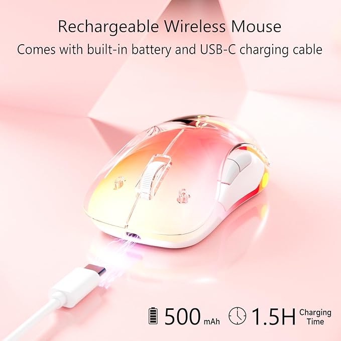 memzuoix 2.4G Wireless Mouse with Customizable Cover &amp 9-Color LED - Rechargeable Ergonomic 1400 DPI 5 Buttons USB Receiver for PC/Mac - Pink