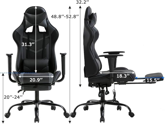 Ergonomic Gaming Chair for Adults Adjustable High-Back Computer Desk Chair with Lumbar Support and Footrest Leather Office Chair for Gaming Big and Tall Comfy Gamer Chair(Grey)