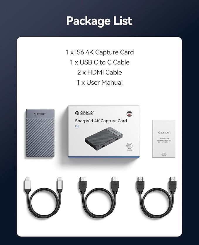 ORICO IS6 4K Portable HDMI Capture Card with Dual 4K@60Hz Inputs – Compatible with PS5 Xbox Switch OBS &amp More for Live Streaming &amp Recording Works on PC Mac Laptop iPad