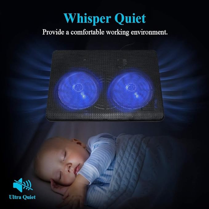 Fancial Laptop Cooling Pad with 2 Large Fans 2-in-1 USB Port Blue LED Light Adjustable Stand Compatible with 14-15-Inch Laptops Lightweight Quiet Slim Portable