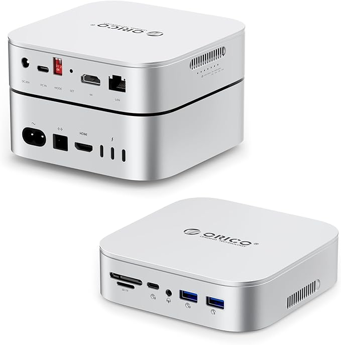 ORICO MiniRaid 10-in-1 Docking Station with Dual-Bay M.2 NVMe/SATA SSD Enclosure for Mac mini M4 Pro Raid 0/1/PM USB C HUB with HDMI 4K@60Hz 10Gbps PD60W SD/TF Slot RJ45 for Creator-MR10 Pro
