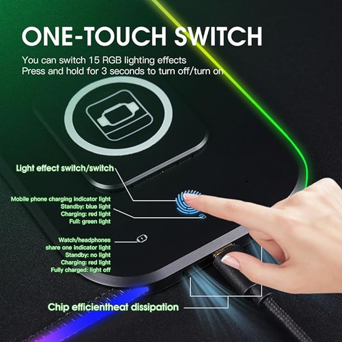 3-in-1 Wireless Charging RGB Gaming Mouse Pad 800x300mm 10 LED Light Modes Non-Slip Rubber Base USB Compatible with PC