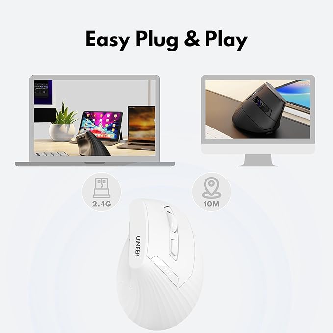 Uineer Vertical Mouse Wireless 2.4G Rechargeable Mouse with Battery Indicator4 Level DPIErgonomic Design for Comfort and Reduced Wrist Strain Ideal for HomeOffice Use (White)