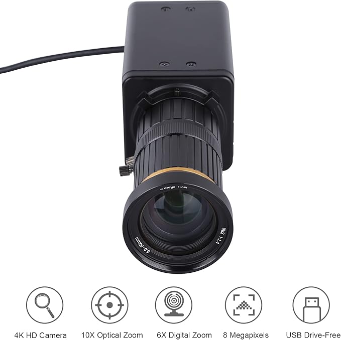 4K HD Camera Computer Camera Webcam 8 Pixels 10X Optical Zoom 60 Degree Wide Angle Manual Focus Auto Exposure Compensation with Microphone Tod USB Plug &amp Play for Video Conference Online