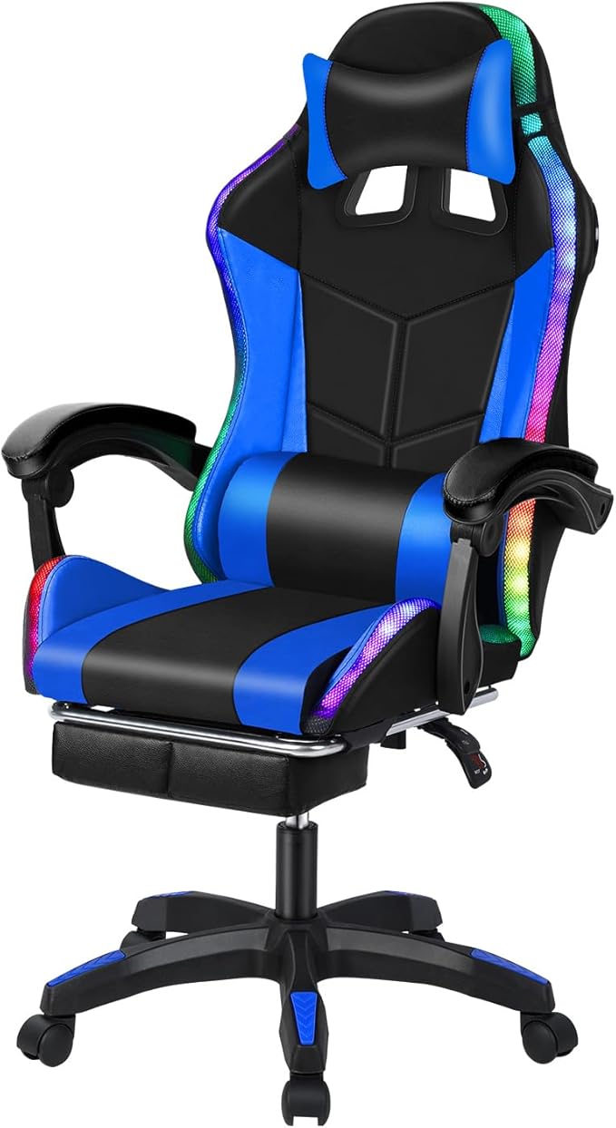 Gaming Chair Computer Chair with Footrest and Massage Lumbar Support Racing Executive Ergonomic Adjustable Swivel Task Chairs with Headrest and Lumbar Support (Blue)