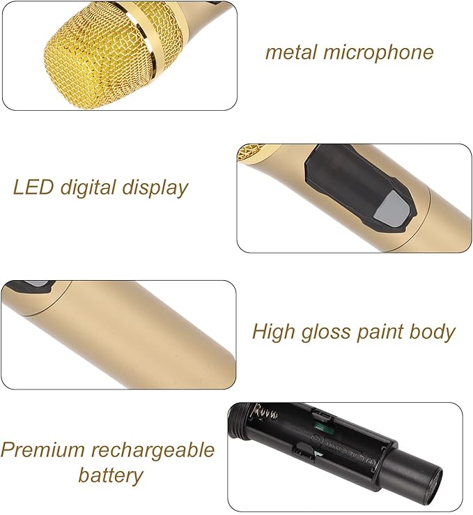 W ireless Microphone Dynamic Mic System Cordless Handheld Mic System with Long Distance UHF Receiver and A Live Sound Card for Karaoke Speech Wedding Church PA System (Gold)