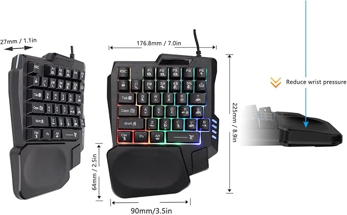 Sazao One Handed Gaming Keyboard Three Colors Backlight Wide Palm Rest 35 Keys Gaming Keyboard for Computer for Mobile Games