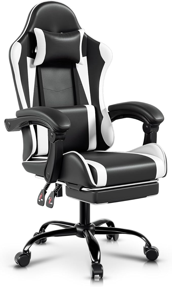 Auto Dynasty Ergonomic Gaming Chair High-Back Office Chair w/Adjustable Lumbar Support Linkage Armrest Headrest &amp Footrest 350LBS Recliner Swivel Computer Game Racing Chair White/Black