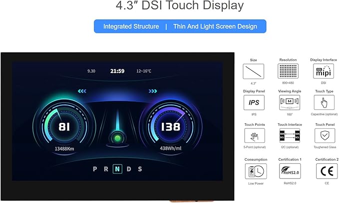 waveshare 4.3inch DSI Touch Display for Raspberry Pi 4B/3B+/3A+/3B/2B/B+/A+ Thin &amp Light Touch Screen 800×480 Resolution IPS Display Support 5-Point Capacitive Touch