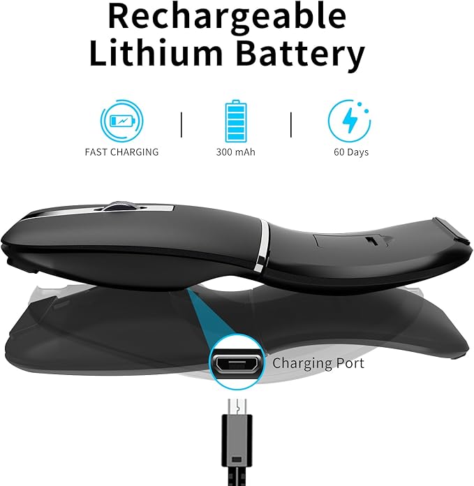Bluetooth Arc Travel Mouse - BT &amp 2.4G Wireless Dual Mode Rechargeable Slim Rotatable Portable 3 Adjustable DPI USB Optical Computer Silent Mouse for Microsoft Laptop PC Tablet - Graphite Black