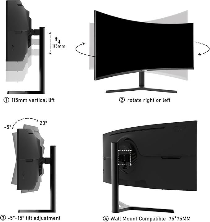 Gawfolk 34 Inch Ultrawide Curved 180Hz Gaming Computer Monitor 1000R PC screen 21:9 UWQHD (3440x1440) 1ms100%sRGBAdaptive SyncHDMI、Display PortLiftable StandWall Mount Compatible 75*75mm-Black