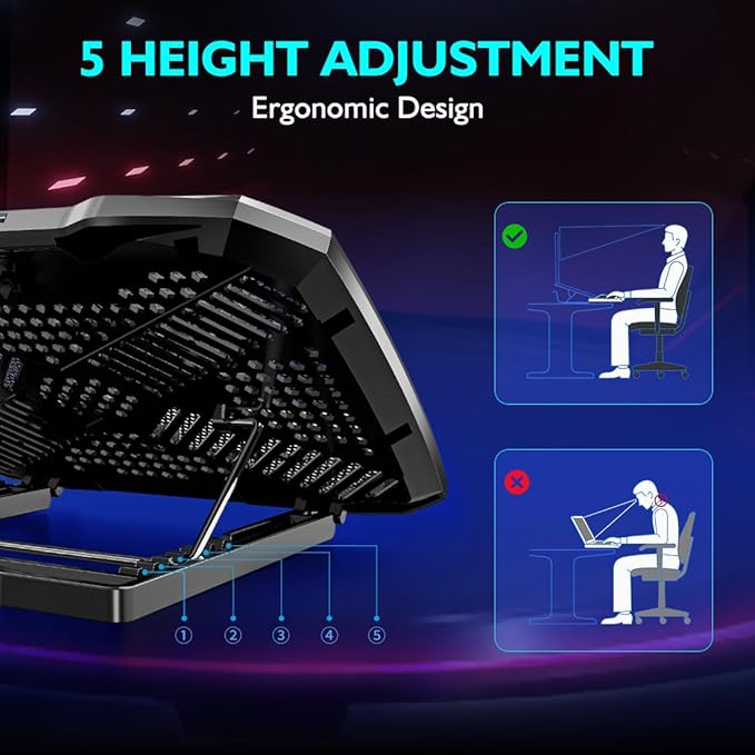 Laptop Cooling PadLaptop Fan Cooler with 5 Quiet Fans for 12-15.6 InchLaptop Cooling Stand with 5 Height Adjustable2 USB Ports Phone Stand (Black &amp Silver)