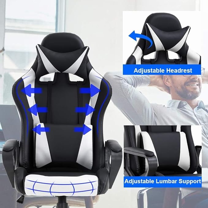 Gaming Computer Office High Back Desk Executive PU Leather Rolling Task Ergonomic Adjustable Swivel Chair With Lumbar Support and Headrest White