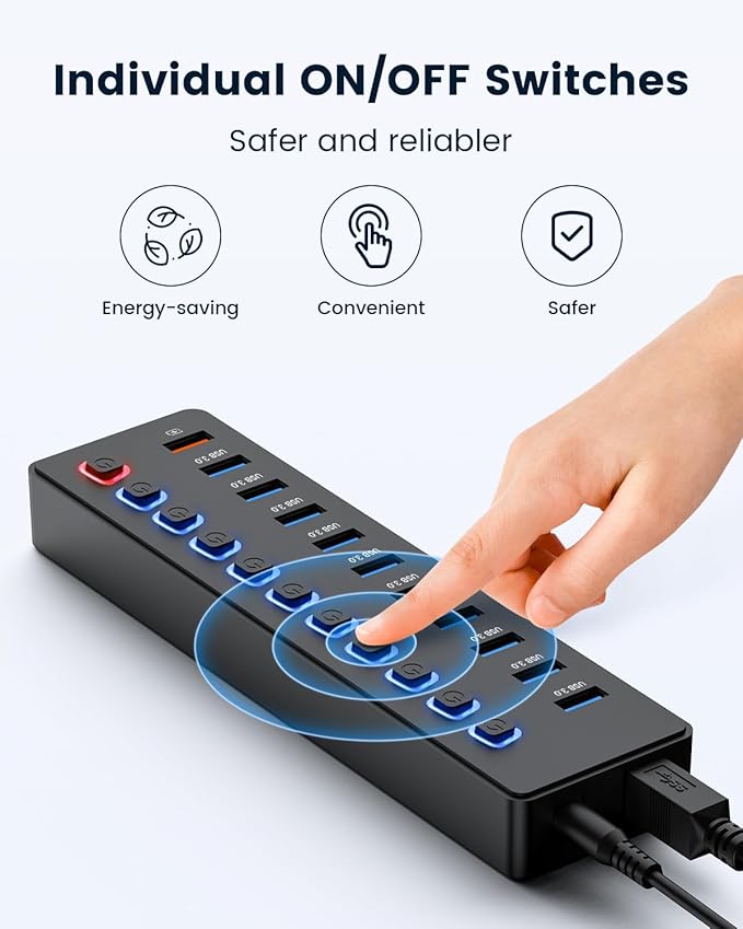 USB hubPowered USB hub 11-Port hub Splitter10 USB 3.0 Data Transfer Port + 1 Smart Charging PortIndependent Switch (with LED Working Indicator) USB 3.0 Hub Powered with Power Adapter for Mac/PC