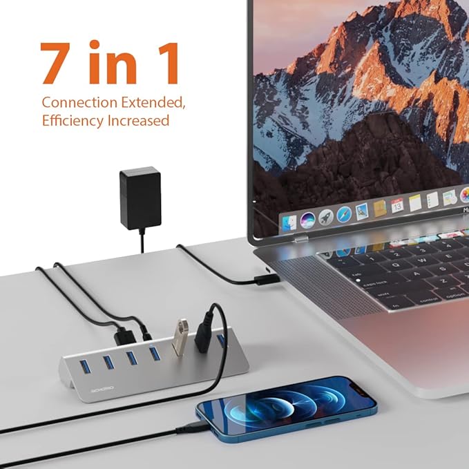 Achoro 7 Ports Powered USB HUB – 2nd Generation 10GB Super Speed External USB Port – USB 3.2 Aluminium USB Hub for Computer Mac PCs Smartphone &amp Tablets – Computer Multiple USB Hub (Powered Bla