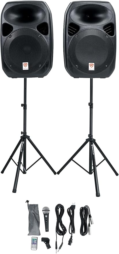 Rockville RPG122K Pair 12 1000W Powered Speakers Bluetooth Wired Mic Speaker Stands Cables Built-in Mixer TWS Linking for DJs Karaoke Events