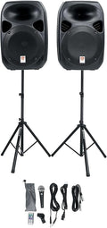 Rockville RPG122K Pair 12 1000W Powered Speakers Bluetooth Wired Mic Speaker Stands Cables Built-in Mixer TWS Linking for DJs Karaoke Events