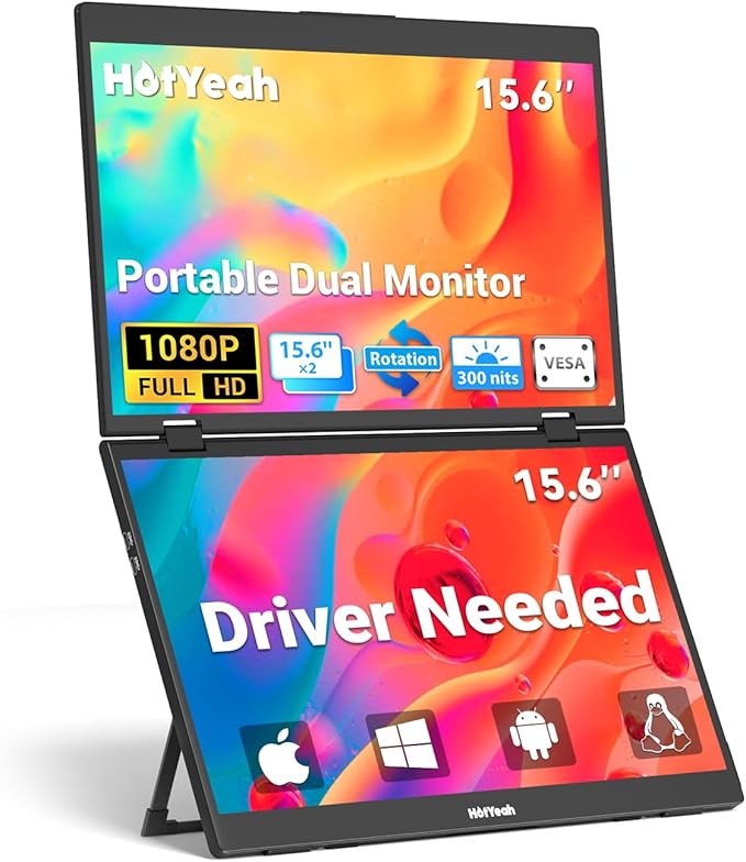 HotYeah Triple Laptop Screen Extender 15.6 Dual Stacked Monitor (Windows/Mac/Android)1080P FHD Folding Portable Travel Extended Screen w/Kickstand &amp VESA 180° Rotation Double Monitor for Lapt