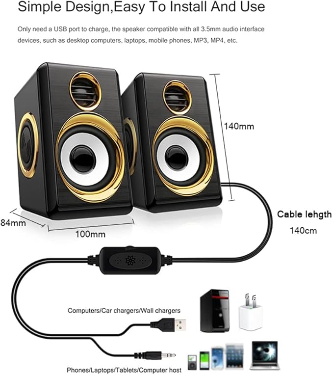 1 Pair USB+AUX Wired Computer Speakers Bass Reinforcement 4 Diaphragm for Laptop Desktop 8W High Power Loudspeaker (Color : Gold) (Gold)