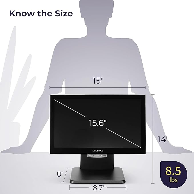 Volcora 15.6 Black LED Touch Screen Monitor with Metal Stand - Backlit 1366 * 768 with VGA HDMI Connection for Small Business Restaurant Office - No Driver Required (Not Compatible with macOS/iOS)