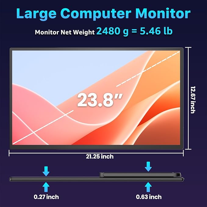 Portable Monitor 23.8 inch 4K 3840X2160 144% sRGB 60Hz HDR HDMI USB-C Travel Monitor for Laptop MacBook PC Surface PS5 Xbox Large External Display with Kickstand &amp Speakers VESA Compatible