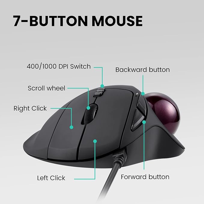 Perixx Perimice-517 Wired Trackball USB Mouse 7 Button Design Build-in 1.34 Inch Trackball with Pointing Feature