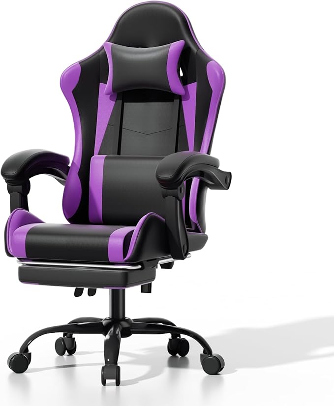 Athena Collection Gaming Chair Ergonomic Gaming Chair with Footrest &amp Headrest Lumbar Support Height Adjustable Swivel Computer Chair Office Chair for Kids Adults(Purple)