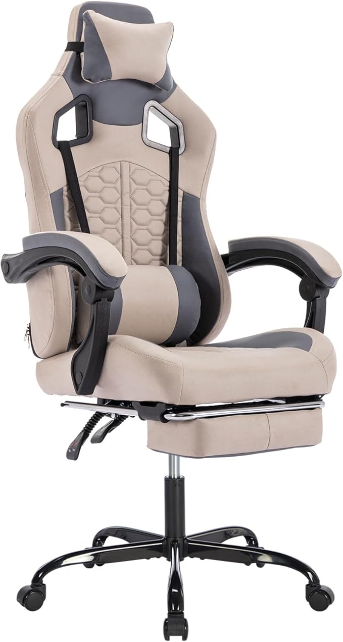 360° Swivel Gaming Chair for Adults with Pull-Out Footrest Ergonomic Video Game Chair with Headrest and Massage Lumbar Support Height Adjustable Computer Chairs for Office or Gaming Khaki
