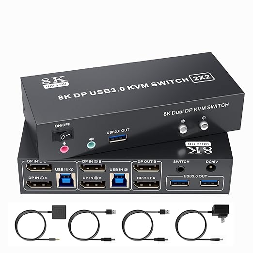 Displayport KVM Switch 2 Computers 2 Monitors 8K@60Hz/4K@120Hz Dual Monitor KVM Switch 2 Port for 2 PCs Share 2 Monitors with 3 USB3.0 Ports USB Cables and Power Adapter (8K DP 2 in 2 Out KVM)