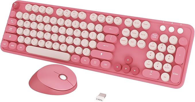 Wireless KeyboardKOOTOP Cute Colorful 104 Keys Typewriter Retro Round Keycaps Keyboard for PC LaptopDesktopWindows Home and Office Keyboards(Pink)