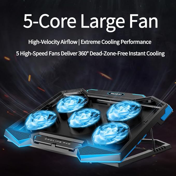 Upgrade Your Setup with This 17.3-inch Foldable Laptop Cooling Stand Featuring 5 high-Speed Fans Adjustable Ergonomic Design and Portable Cooling for Gaming or Work. Sleek Black &amp Blue Finish.