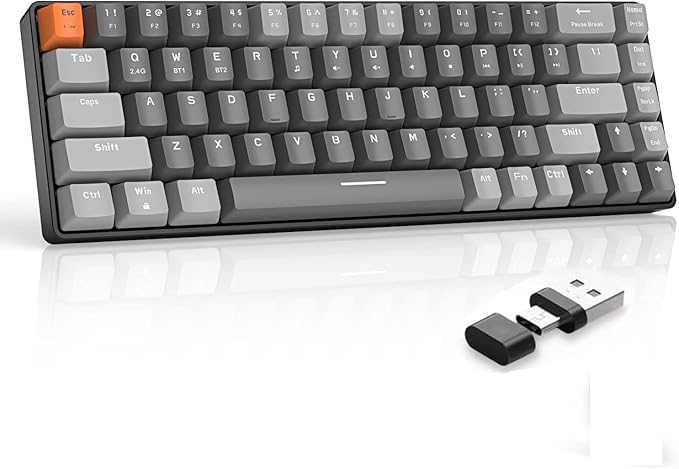 ZIYOU LANG RK68 60% Wireless Mechanical Keyboard Bluetooth 5.0/2.4Ghz Dual Mode 2-in-1 USB-C Receiver Mini Mechanical Keyboard Hot Swappable Red Switch Gaming Keyboard for PC/MAC/Laptops