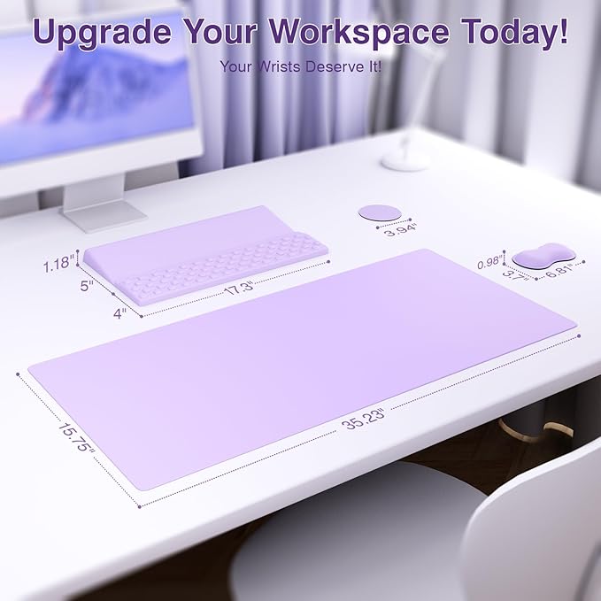 Ospelelf Keyboard Wrist Rest Stand Pad and Ergonomic Mouse Pad Set with Large Mousepad Memory Foam Comfort Premium Office Desk Accessories for Pain Relief Purple