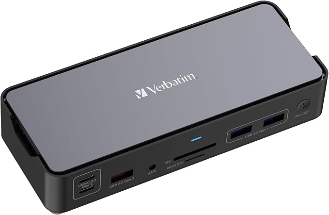 Verbatim USB-C Pro Docking Station 15-in-1 Hub Multiport Adapter to HDMI 4K and 8K USB-A and USB-C PD 80W AUX Card Reader for Mac/Windows Laptop and Co