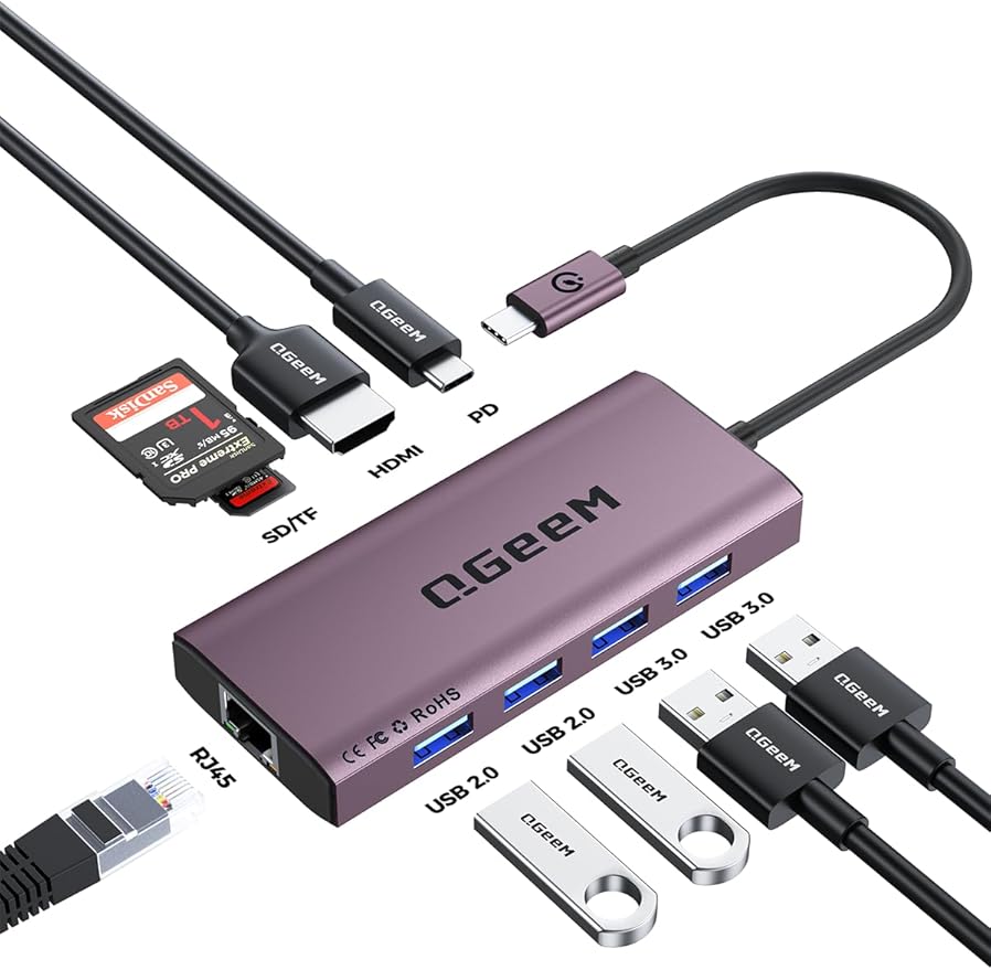 QGeeM USB C Hub Ethernet9 in 1 USB Type C Hub HDMI Multi-Port Converter Adapter100W Pd USB 3.0SD/TF Card ReaderCompatible for MacBook Pro Air Ipad HP Dell Lenovo Chromebook etc.-Violet
