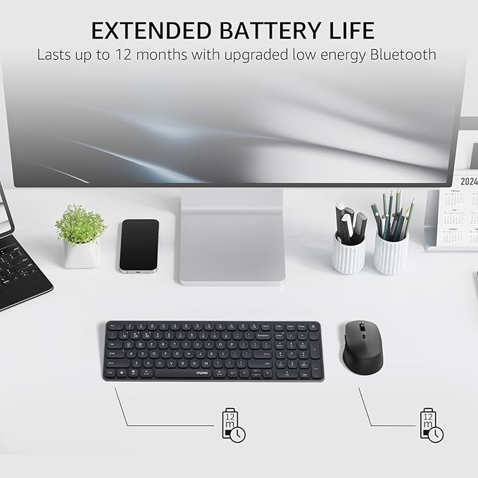 Rapoo Wireless Keyboard and Mouse Combo Blade-Series E9310M 99-Key Ultra-Thin Keyboard and M300G Silent Mouse Support 4 Devices Quiet Compact Battery Powered for Windows/Mac/Linux/Chrome