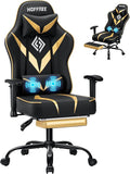 HOFFREE Massage Gaming Chair with Pocket Spring Cushion 155° Reclining Computer Gamer Chair with Footrest and Adjustable Armrests Ergonomic Video Game Chairs Gold and Black