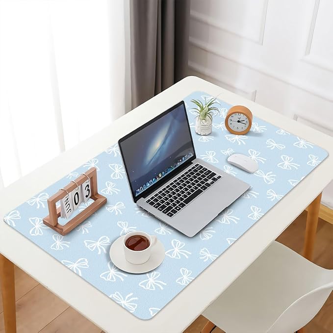Cute White Bow Blue Extended Gaming Keyboard Mouse Pad Non-Slip Leather Home Office Desk Mat Protector Laptop Desk Pad Writing Pad