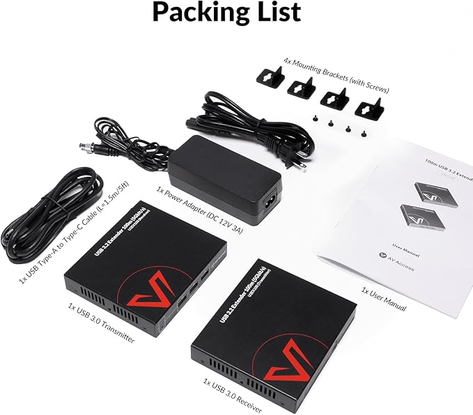 AV Access HDbaseT USB 3.2 Extender Over Ethernet Cat6a/7 100M/330FT 4 USB 3.2 Ports 5Gbps for Long Distance Extension 6.6FT USB C to A Cable Included Plug&ampPlay Supports All Operating System P