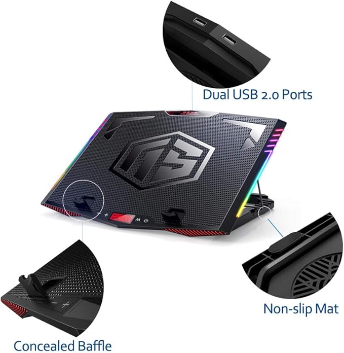 MeFee RGB Laptop Cooling Pad for 15.6-21 Inch Professional Gaming Laptop Cooler with 6 Quiet Fans and Button Control Pure Metal Panel Portable Cooler