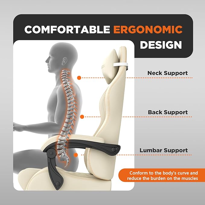 Ferghana Vintage PU Leather Gaming Chair Ergonomic Gamer Chair with Massage High Back Computer Office Chair with Footrest for Adults Racing Style Reclining Video Game Chair (Beige)