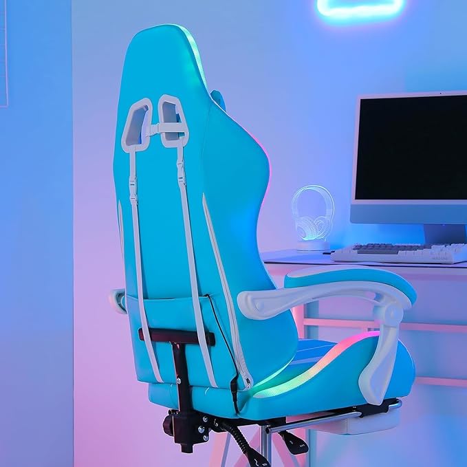 RGB Gaming Chair with LED Lights Massage Game Chair with Footrest Ergonomic Computer Chair High Back Video Game Chair with Adjustable Lumbar Support Linkage Armrest Blue and White